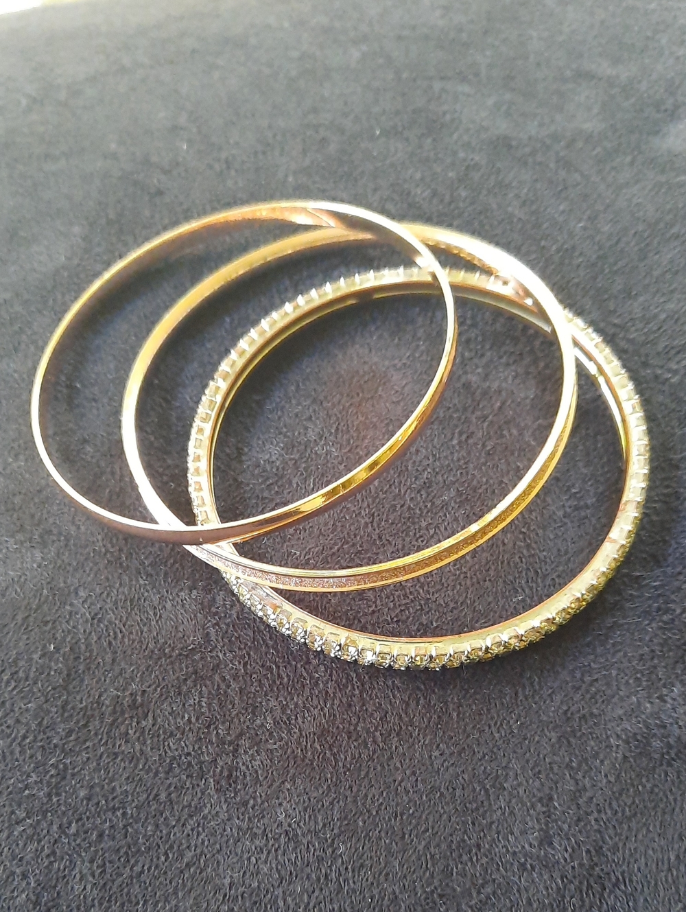 Gold Tone Bangle Bracelet Set (3) with Clear Crystal Accent